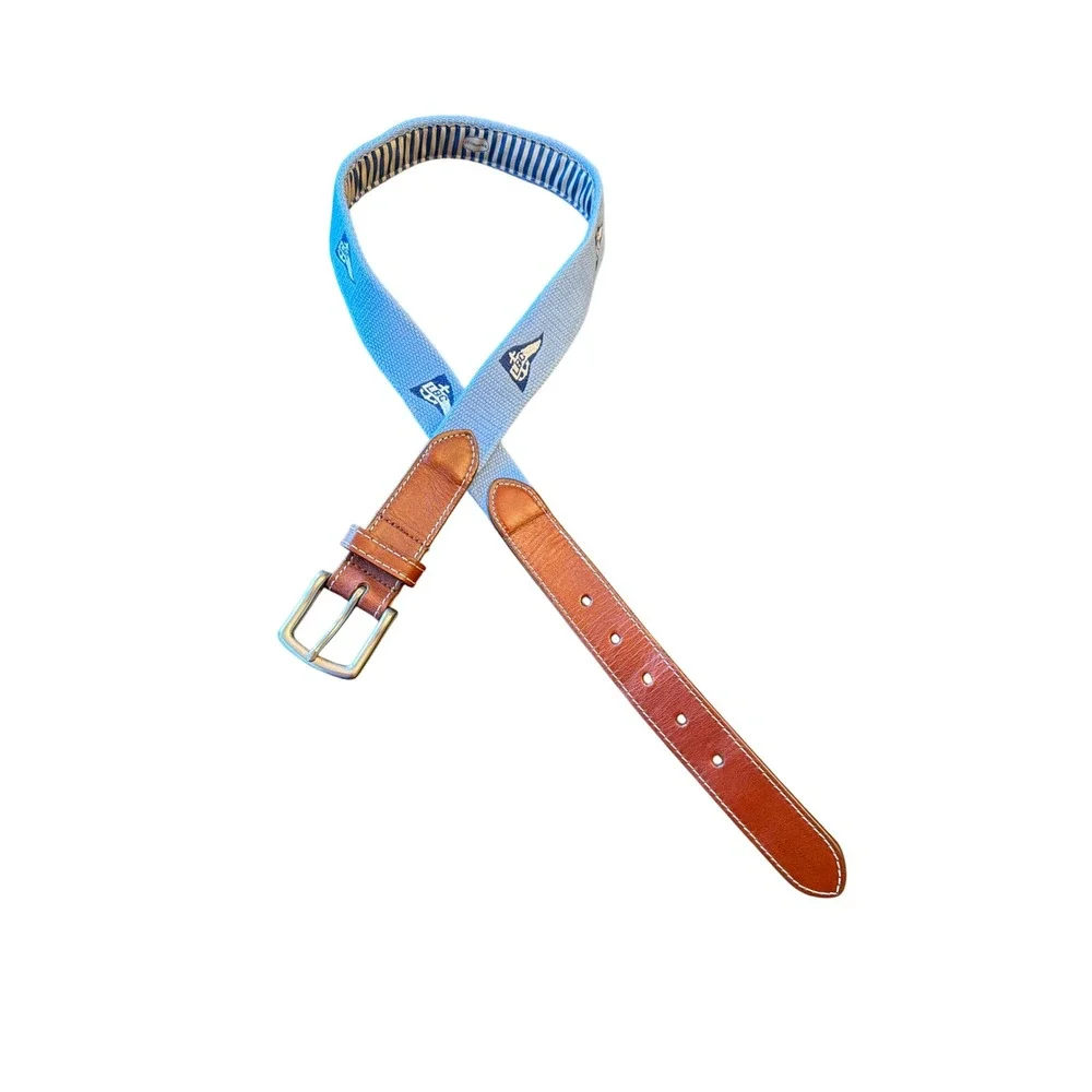 JT Spencer Belt Blue Nautical Pennant Flag Leather Canvas Made in USA Size 32